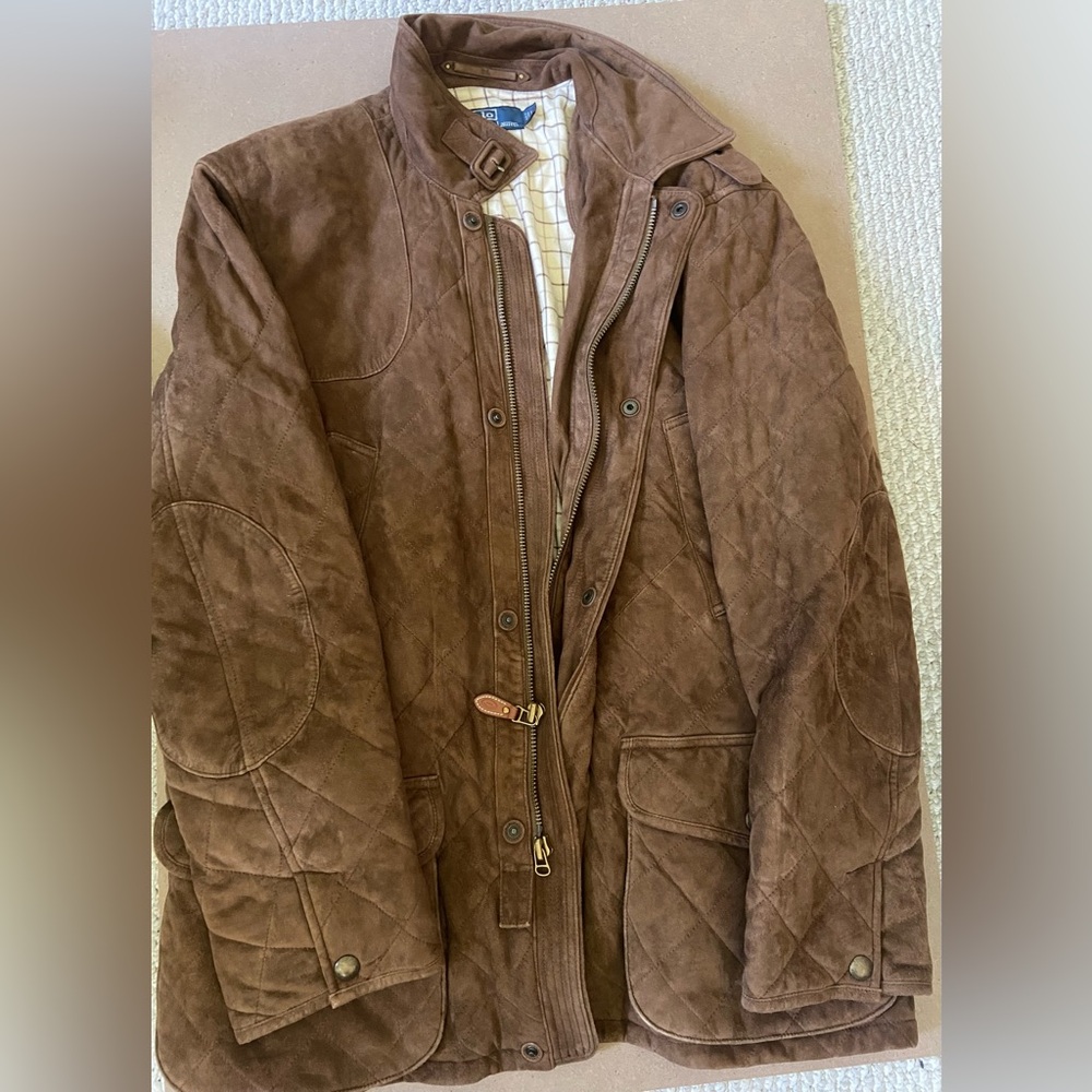 Ralph Lauren Quilted Brown Bomber Jacket with belt. Double zipper neck toggle